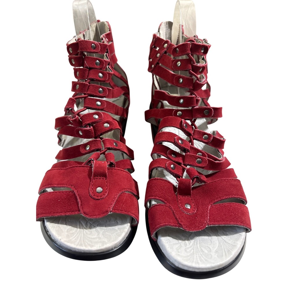Jambu Red Suede Gladiator Wedge Sandals Strappy Studded Back Zip Women 9